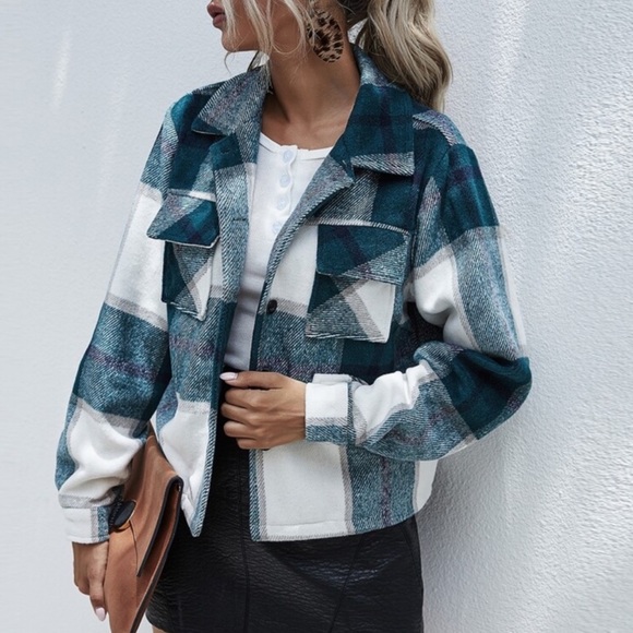 Boho plaid blue oversized pocket detail button up jacket shachet - Picture 7 of 8